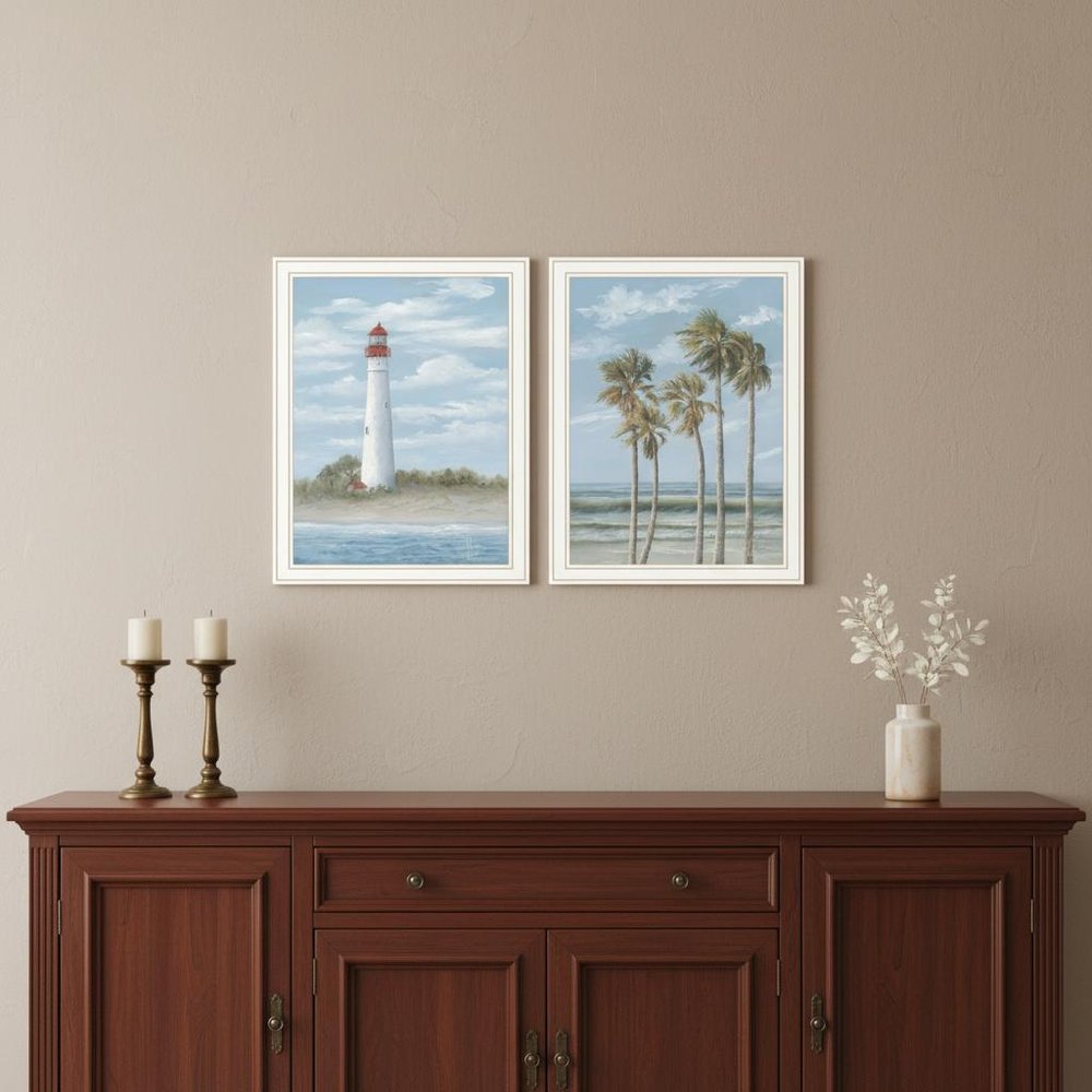 Set Of Two Cape May Lighthouse And Palm Trees White Framed Wall Art