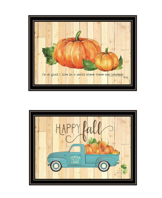 Set Of Two Happy Fall-October Pumpkins Black Framed Wall Art