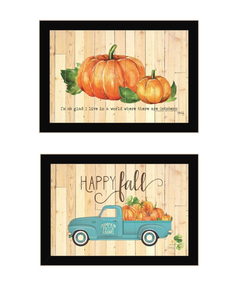 Set Of Two Happy Fall-October Pumpkins Distressed Black Framed Wall Art