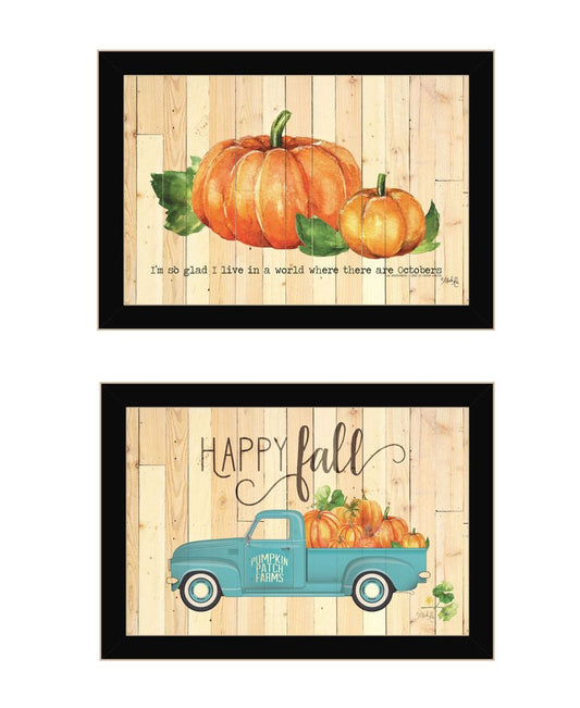 Set Of Two Happy Fall-October Pumpkins Distressed Black Framed Wall Art