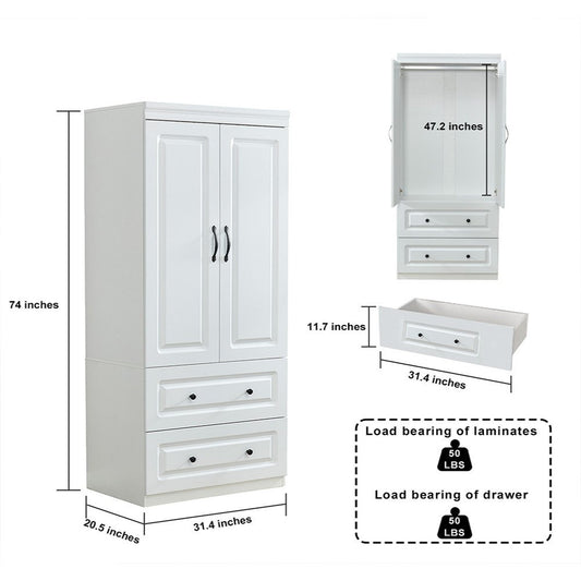 74" White Two Door Two Drawer Combo Dresser
