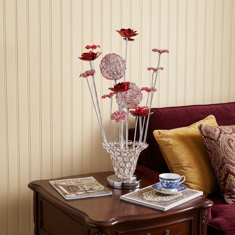 21" Silver and Clear Metal and Faux Crystal Red Roses Bedside Lamp