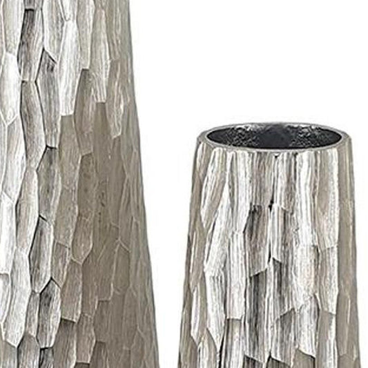 Set of Two Silver Cast Aluminum Textured Table Vases