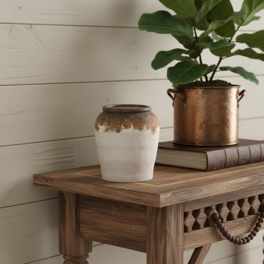 8" Ivory and Brown Ceramic Round Jug Vase