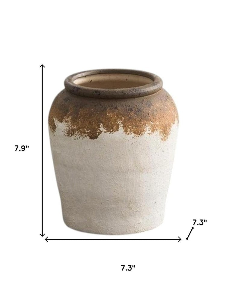 8" Ivory and Brown Ceramic Round Jug Vase