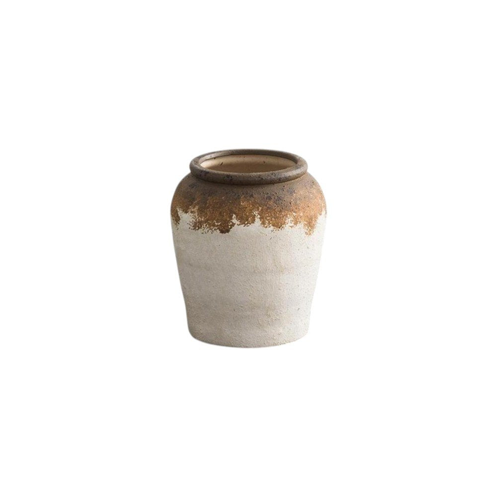 8" Ivory and Brown Ceramic Round Jug Vase