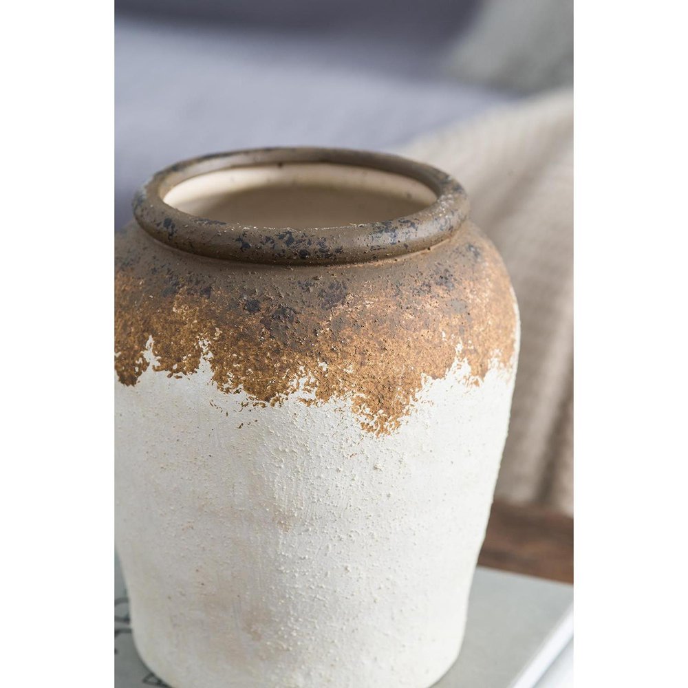8" Ivory and Brown Ceramic Round Jug Vase