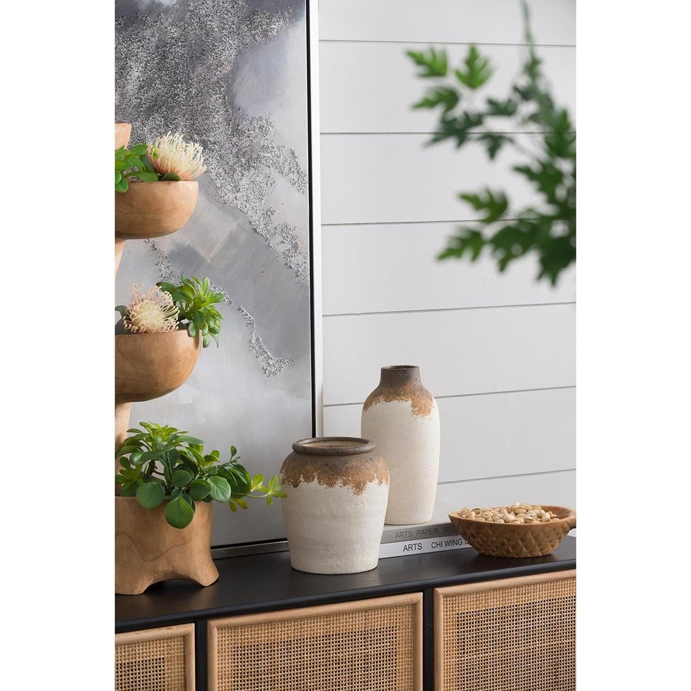 8" Ivory and Brown Ceramic Round Jug Vase