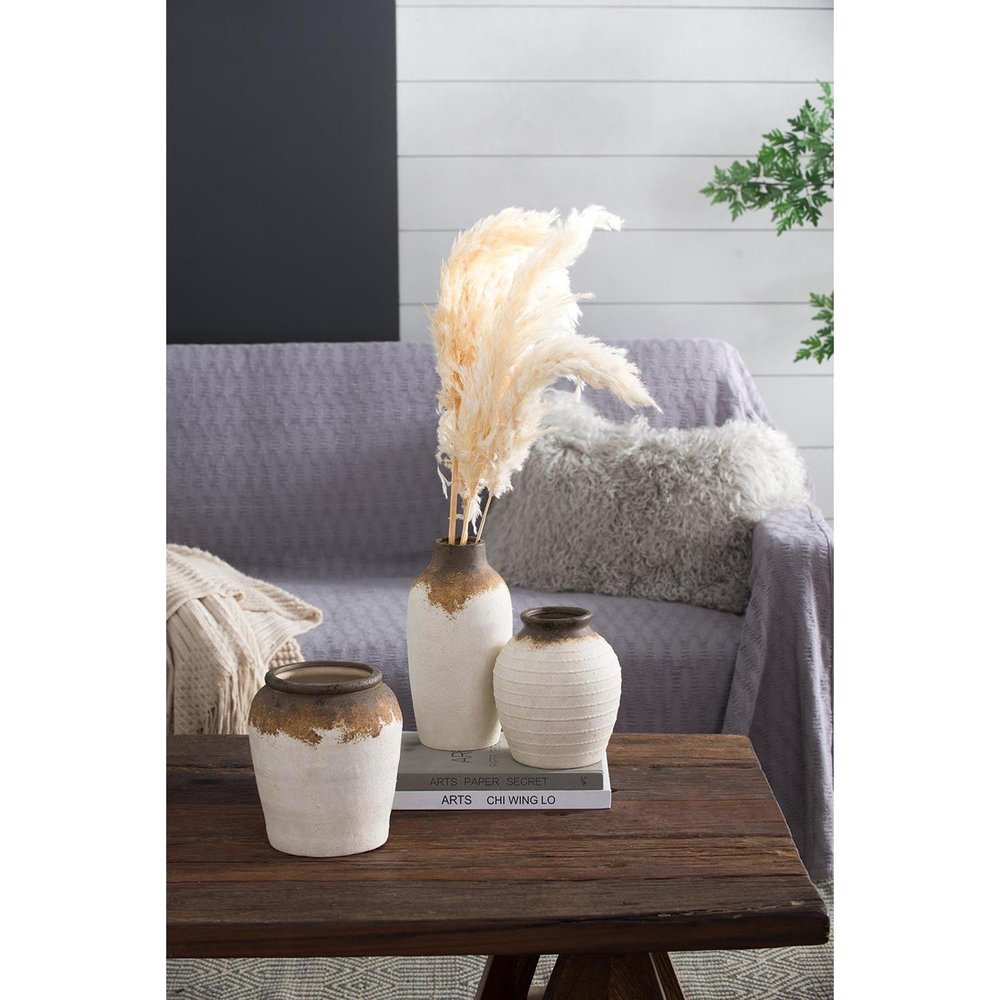 8" Ivory and Brown Ceramic Round Jug Vase