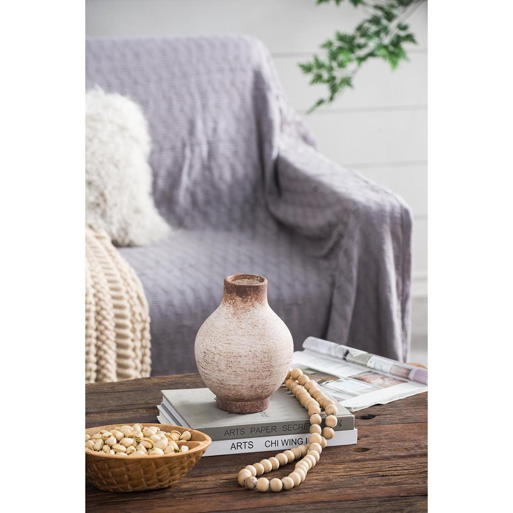 8" Ivory And Brown Round Ceramic Table Vase