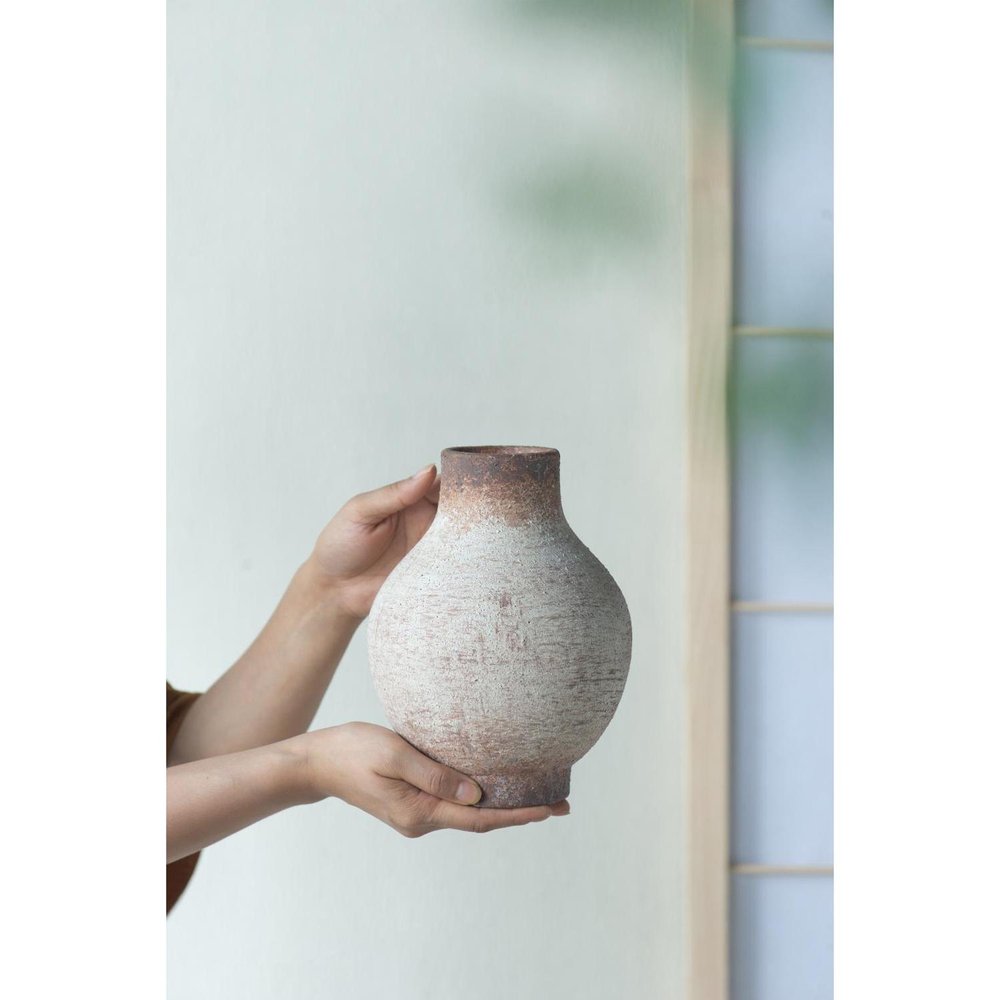 8" Ivory And Brown Round Ceramic Table Vase