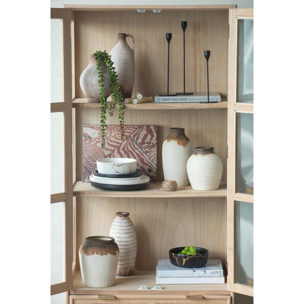 8" Ivory And Brown Round Ceramic Table Vase