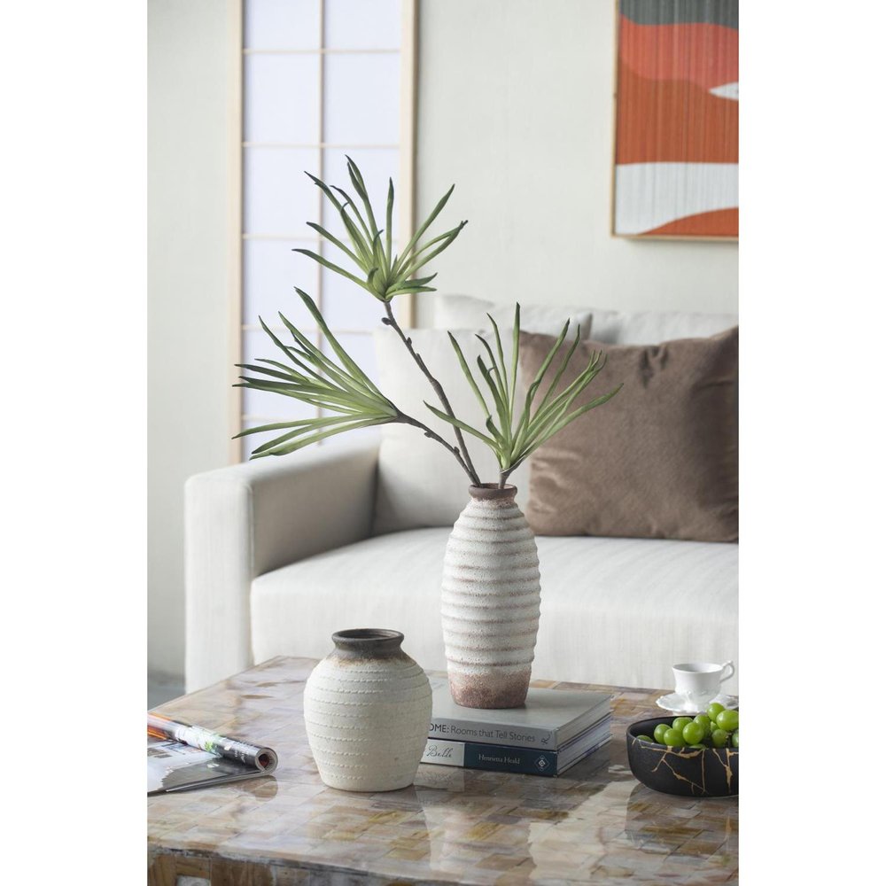 11" Ivory And Brown Round Ceramic Table Vase