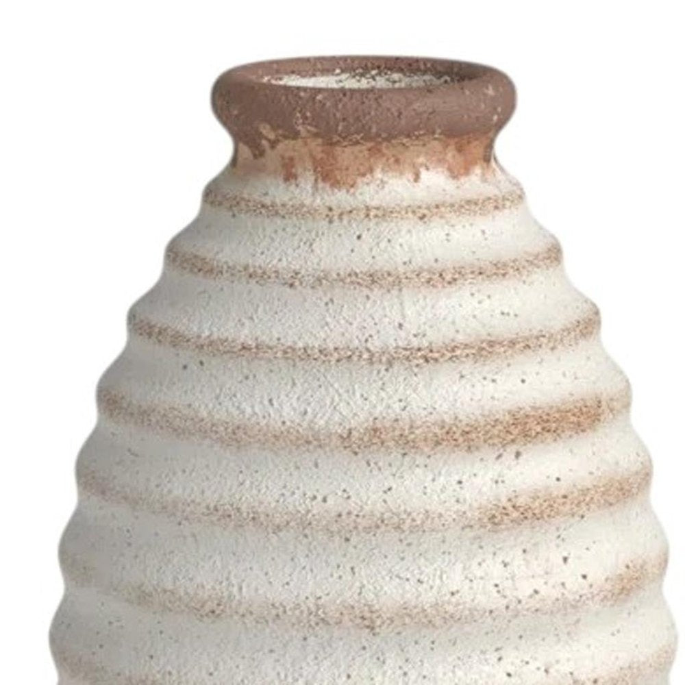 11" Ivory And Brown Round Ceramic Table Vase
