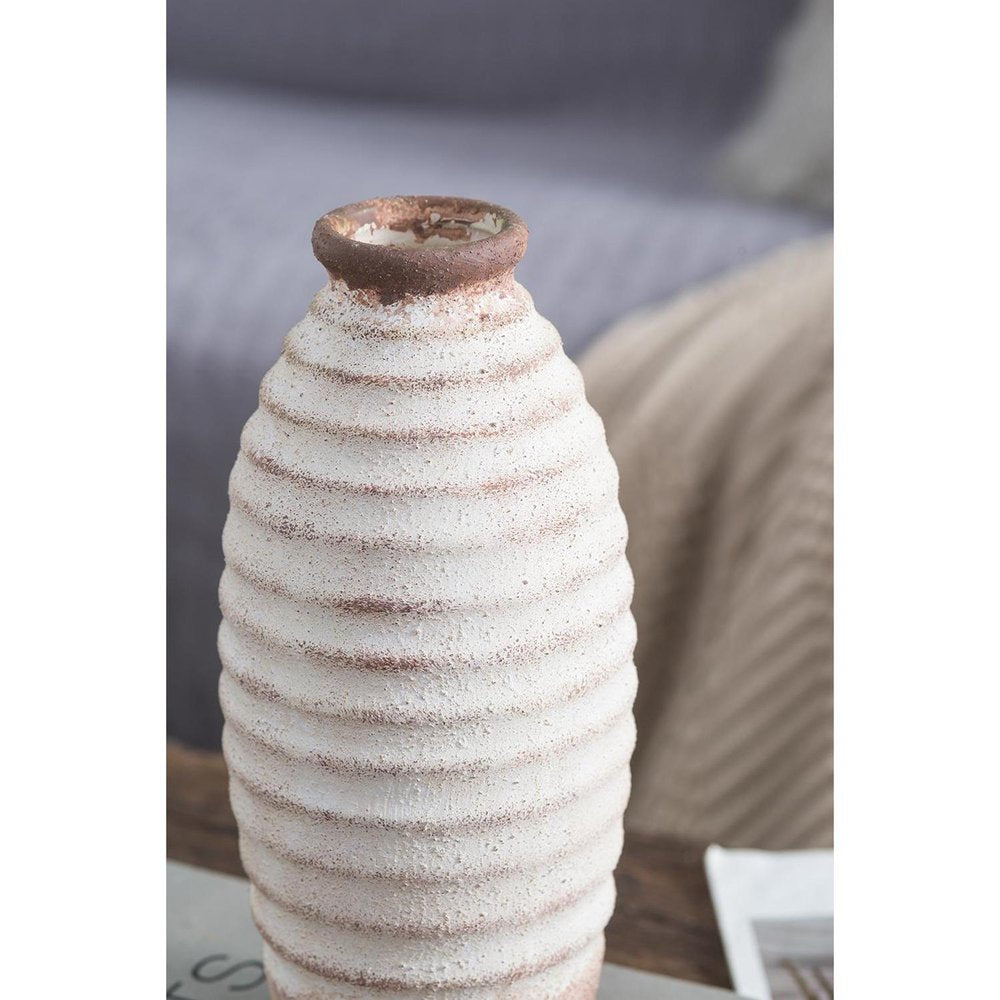 11" Ivory And Brown Round Ceramic Table Vase