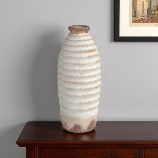 11" Ivory And Brown Round Ceramic Table Vase
