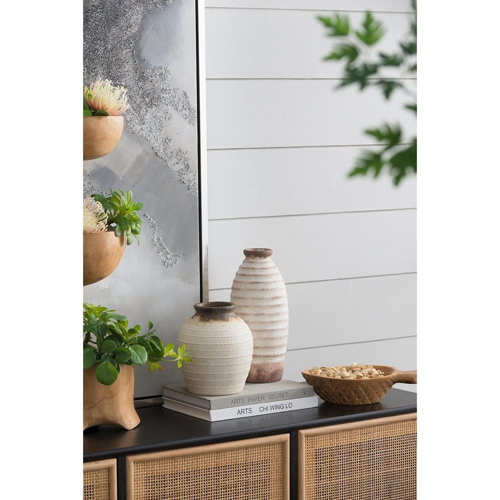 11" Ivory And Brown Round Ceramic Table Vase