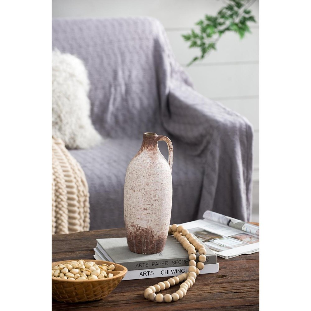 12" Ivory and Brown Ceramic Round Jug Vase