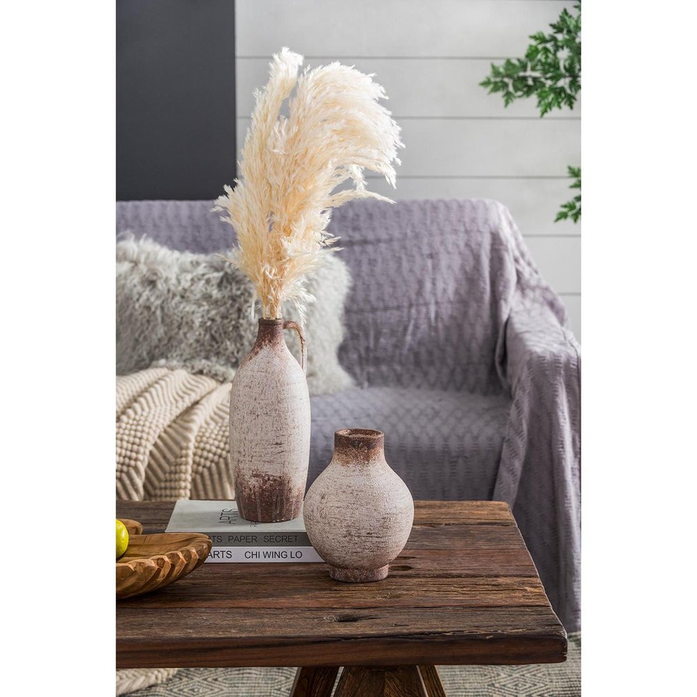 12" Ivory and Brown Ceramic Round Jug Vase