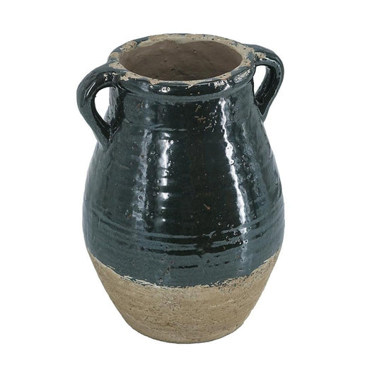 13" Forest Green And Sand Color Block Terracotta Round Jug Vase