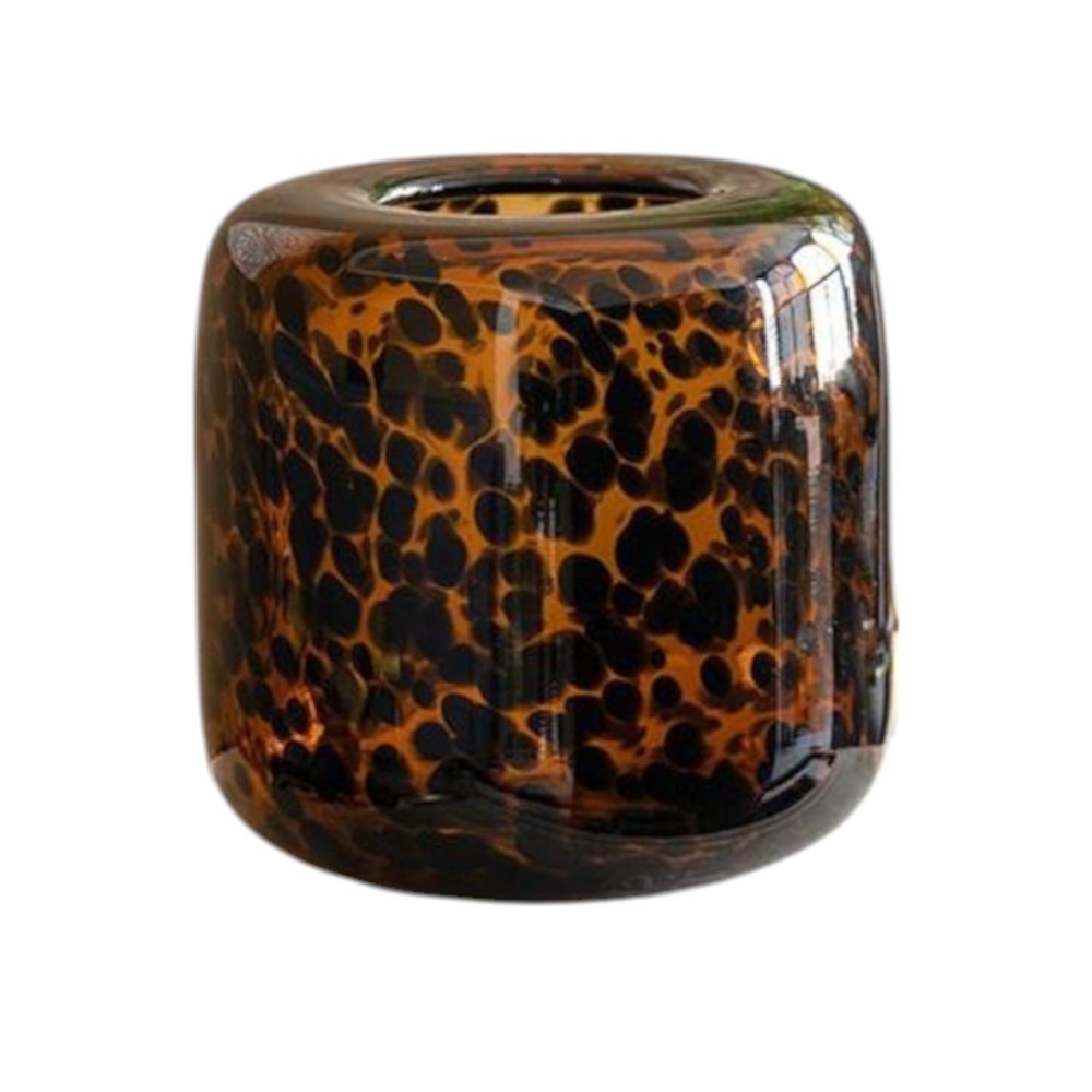 8" Amber And Black Animal Print Glass Round Table Vase