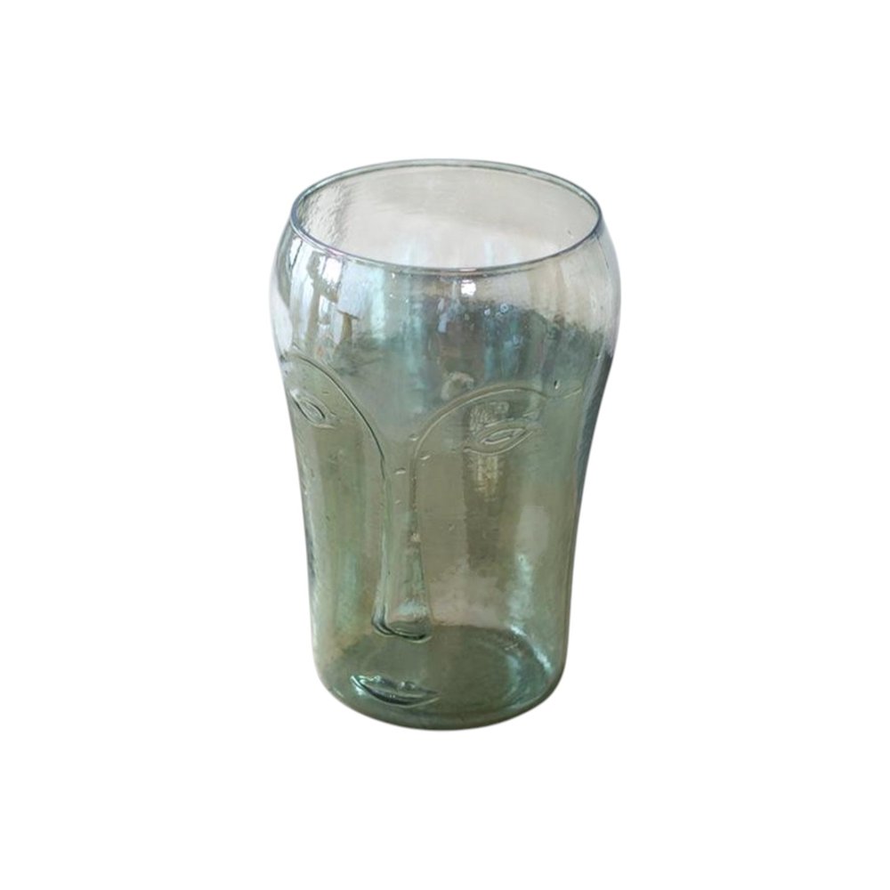 Set of Two Light Green Glass Modern Abstract Faces Table Vases