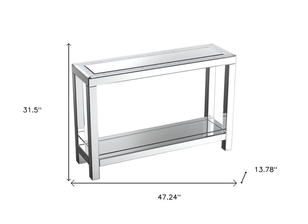 47" Silver Mirrored Glass And Faux Crystals Console Table With Shelf
