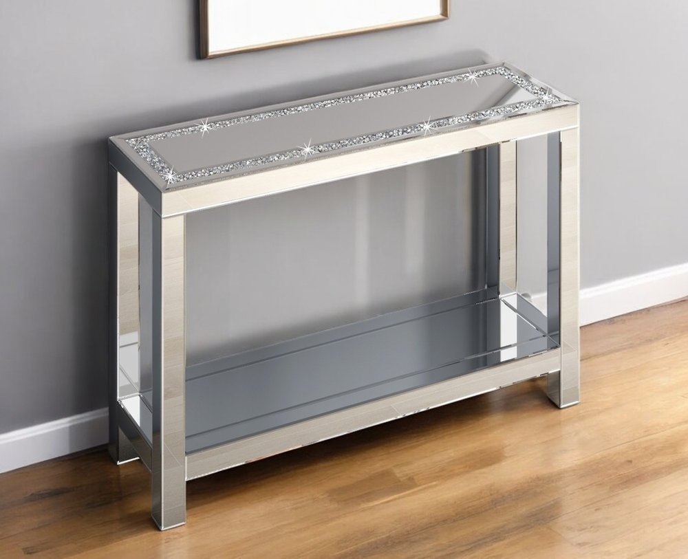 47" Silver Mirrored Glass And Faux Crystals Console Table With Shelf