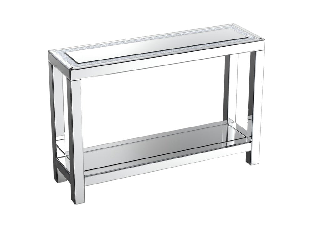 47" Silver Mirrored Glass And Faux Crystals Console Table With Shelf