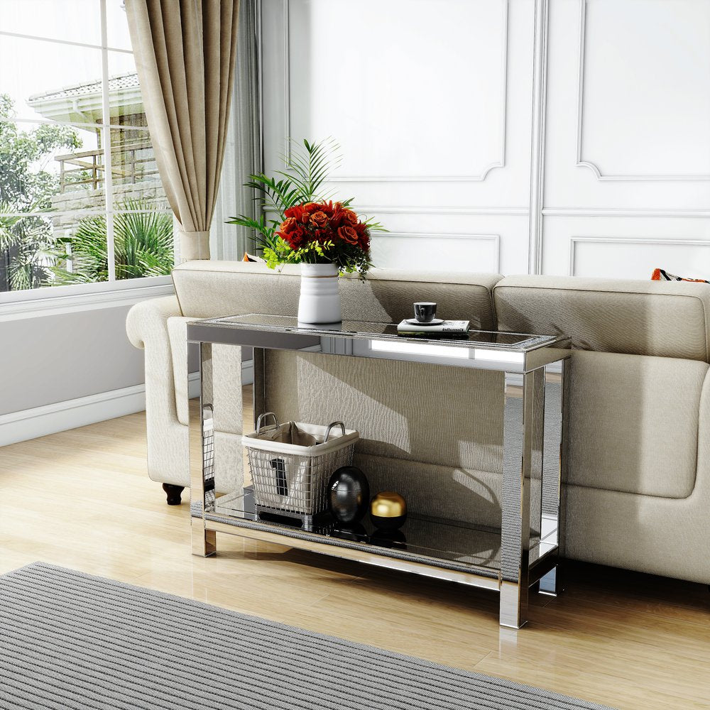 47" Silver Mirrored Glass And Faux Crystals Console Table With Shelf