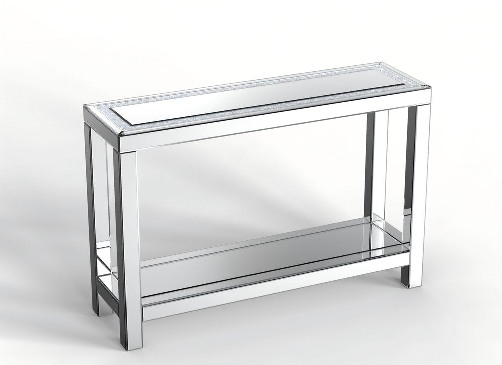 47" Silver Mirrored Glass And Faux Crystals Console Table With Shelf