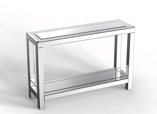 47" Silver Mirrored Glass And Faux Crystals Console Table With Shelf