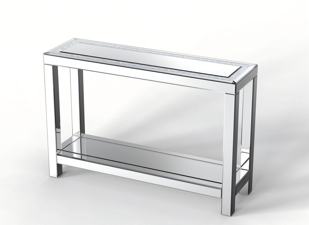 47" Silver Mirrored Glass And Faux Crystals Console Table With Shelf