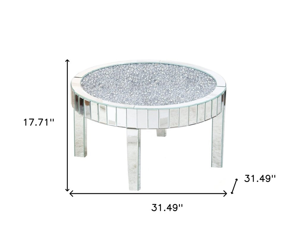 31" Silver Mirrored Glass and Faux Crystal Round Coffee Table
