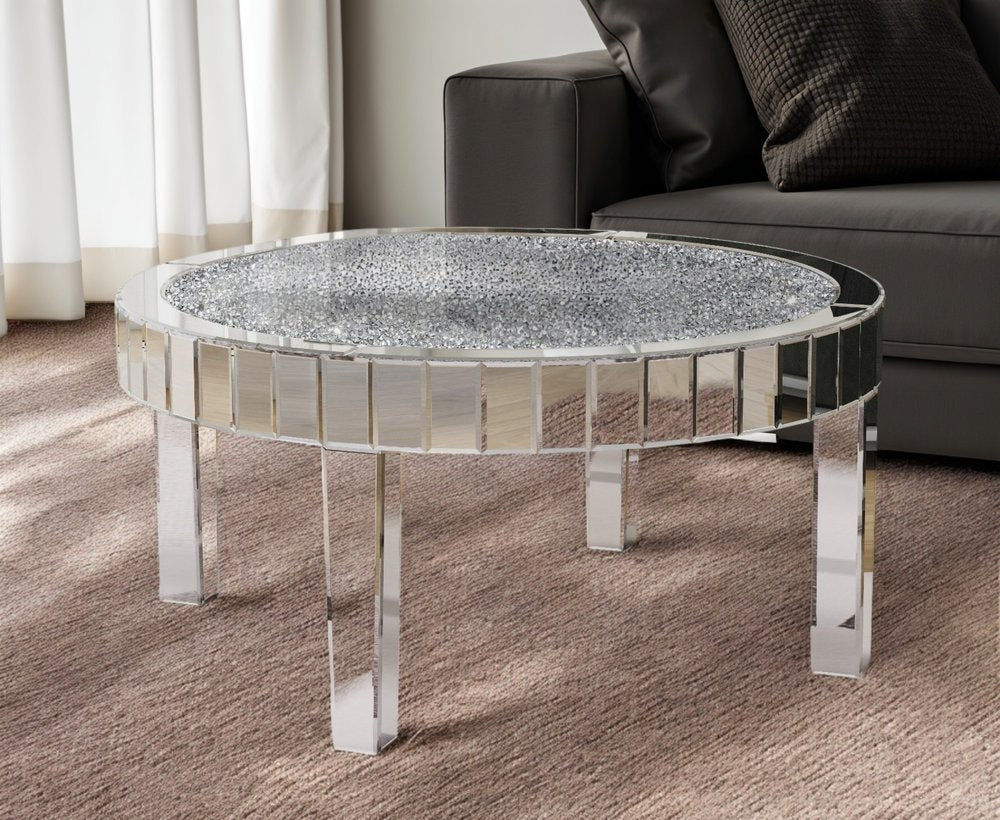 31" Silver Mirrored Glass and Faux Crystal Round Coffee Table