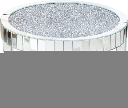 31" Silver Mirrored Glass and Faux Crystal Round Coffee Table
