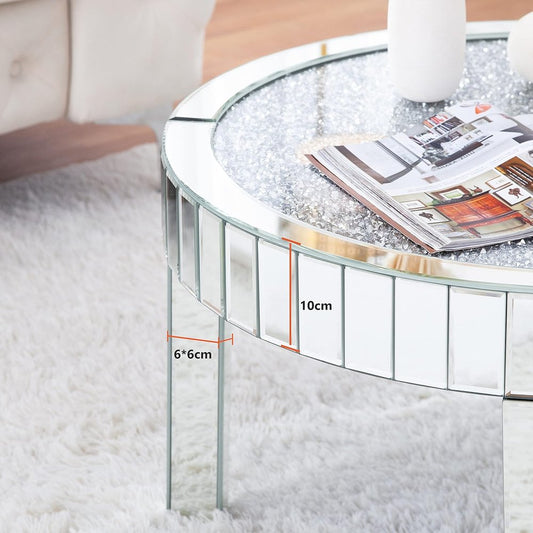 31" Silver Mirrored Glass and Faux Crystal Round Coffee Table