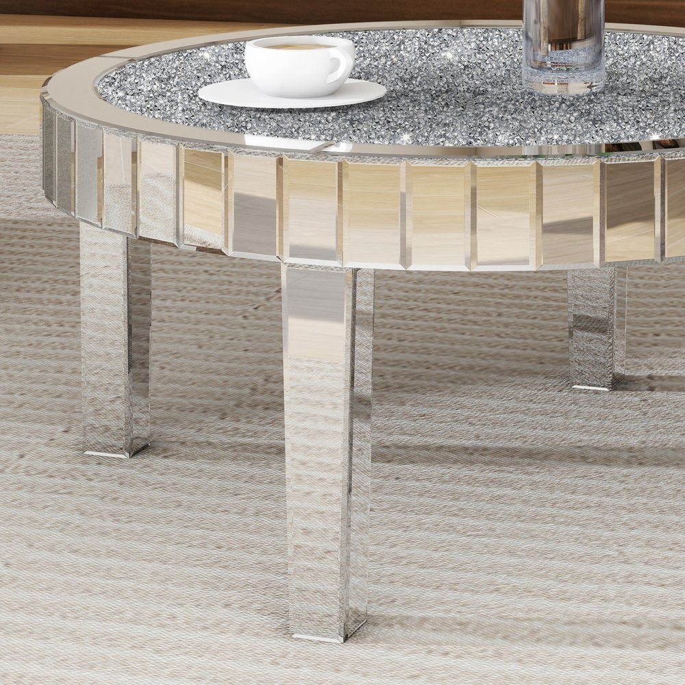 31" Silver Mirrored Glass and Faux Crystal Round Coffee Table