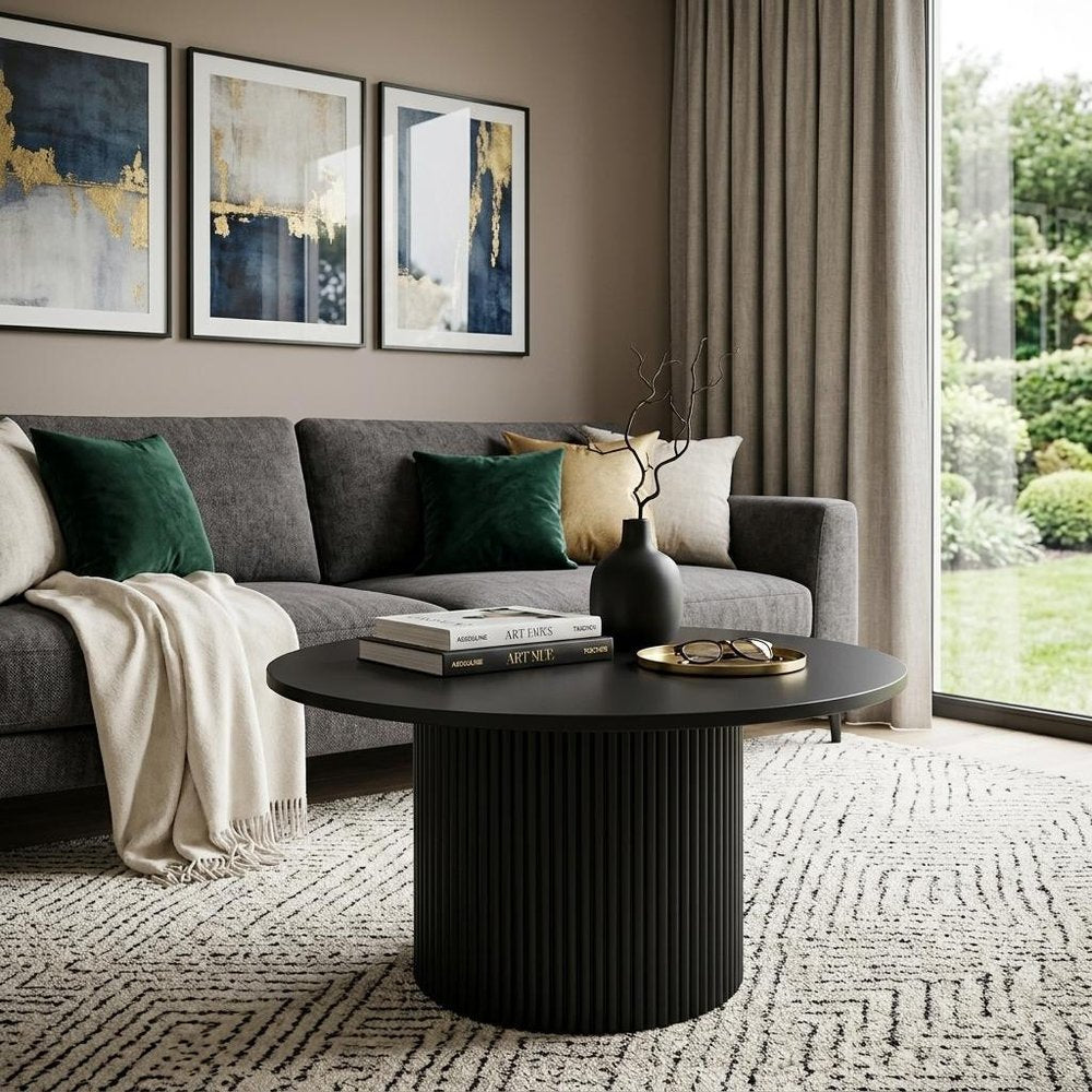 36" Black Solid Wood Round Pedestal Coffee Table