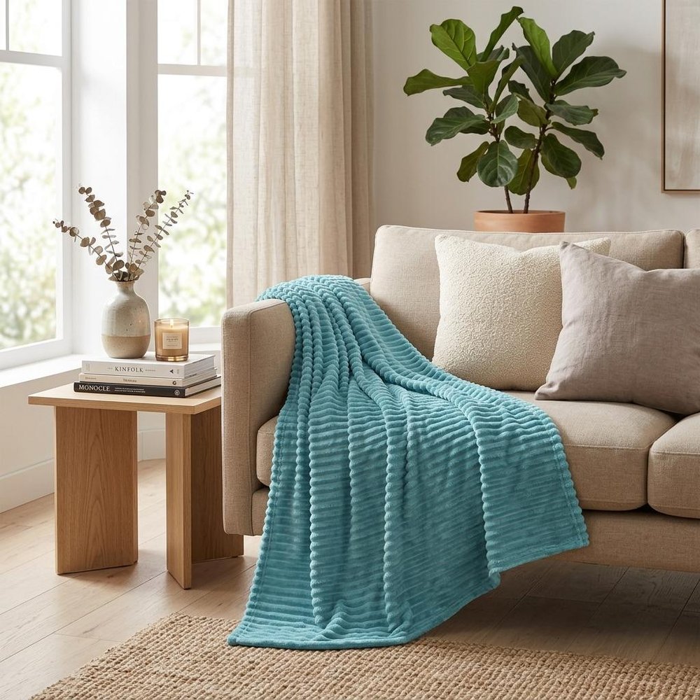 79" X 91" Sky Blue Flannel Striped Throw Blanket
