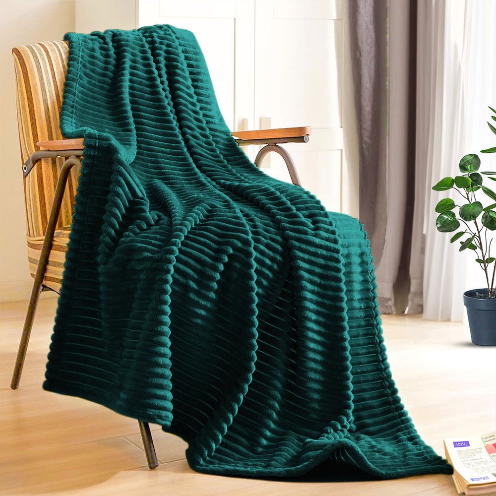 79" X 91" Dark Green Flannel Knitted Striped Throw Blanket