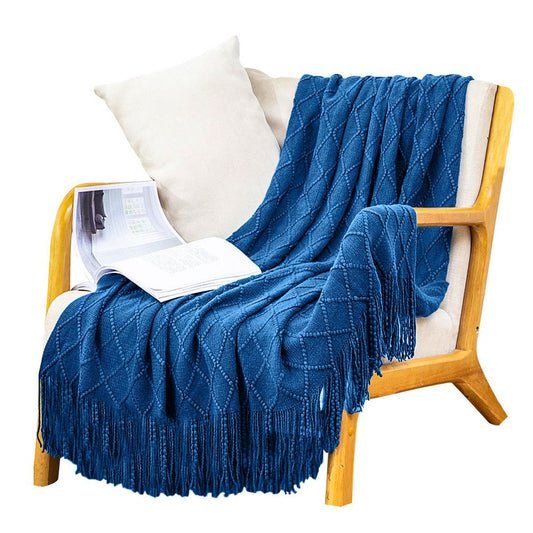 49" X 91" Royal Blue Flannel Knitted Geometric Throw Blanket with Tassels