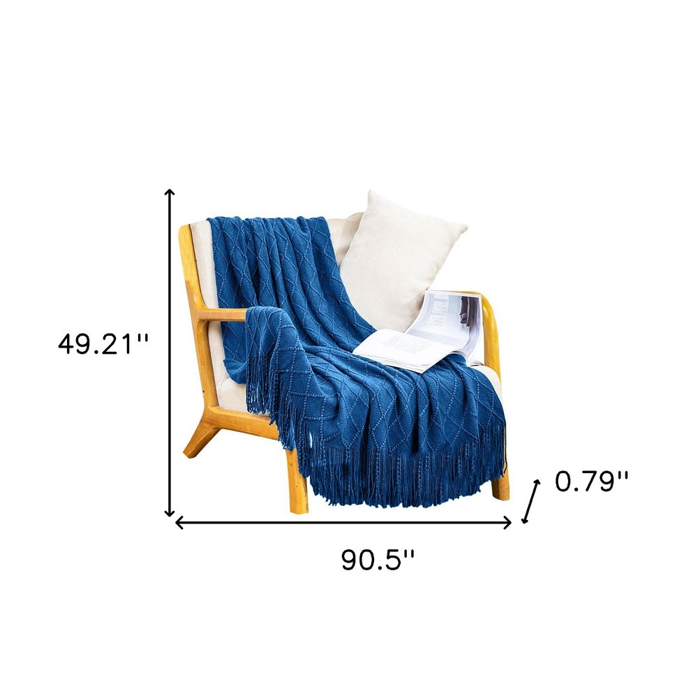 49" X 91" Royal Blue Flannel Knitted Geometric Throw Blanket with Tassels