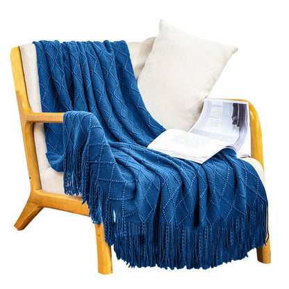 49" X 91" Royal Blue Flannel Knitted Geometric Throw Blanket with Tassels
