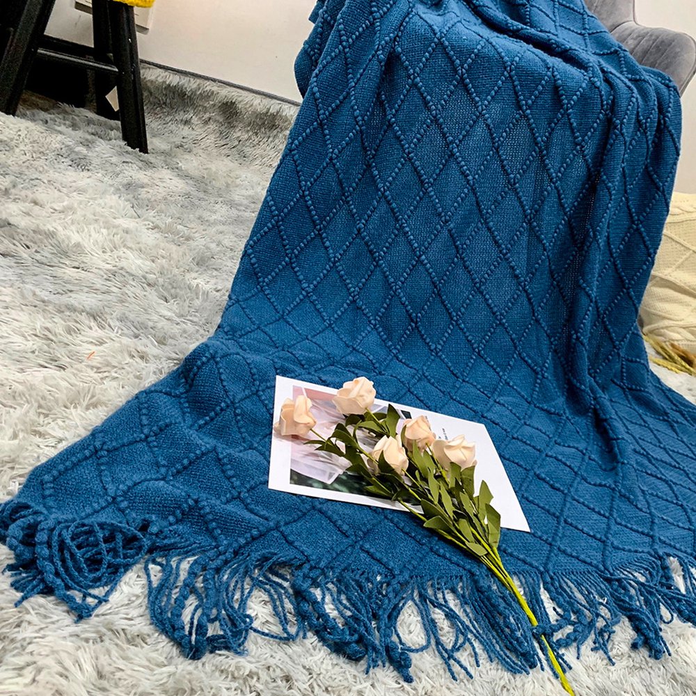49" X 91" Royal Blue Flannel Knitted Geometric Throw Blanket with Tassels