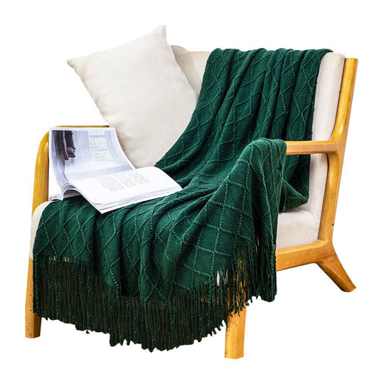 49" X 91" Green Flannel Knitted Geometric Throw Blanket with Tassels