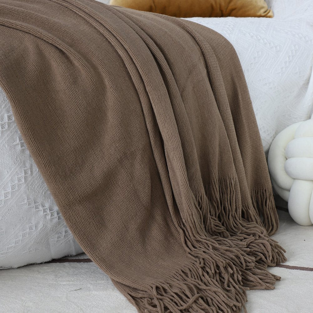 50" X 87" Coffee Acrylic Knitted Throw Blanket with Fringe