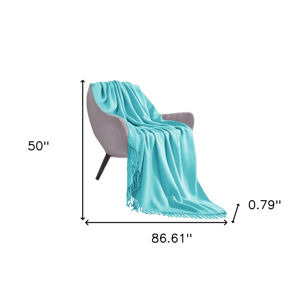 50" X 87" Teal Acrylic Knitted Throw Blanket with Fringe