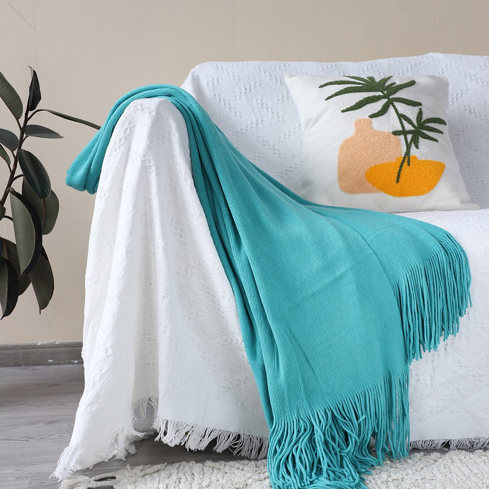 50" X 87" Teal Acrylic Knitted Throw Blanket with Fringe