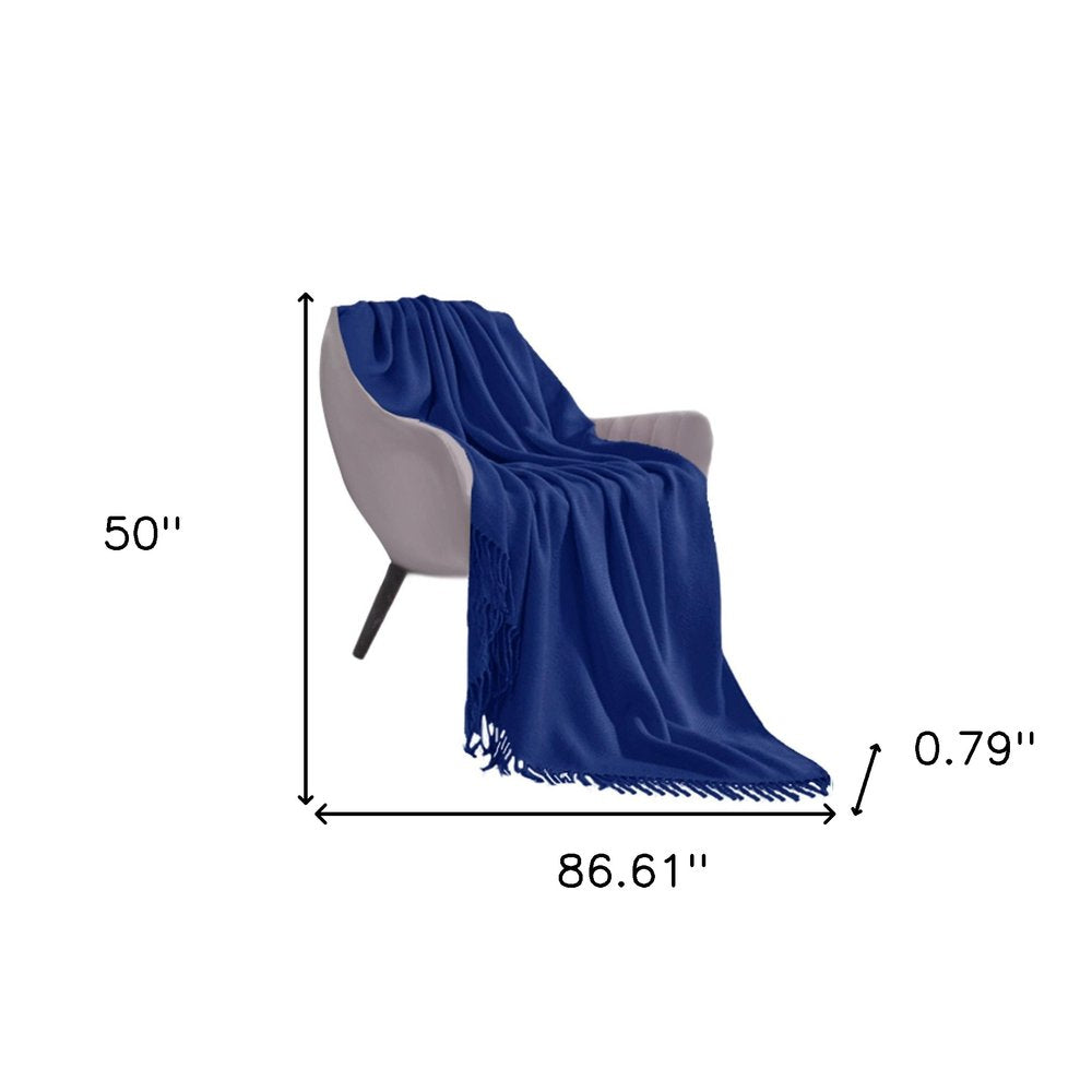 50" X 87" Royal Blue Acrylic Knitted Throw Blanket with Fringe
